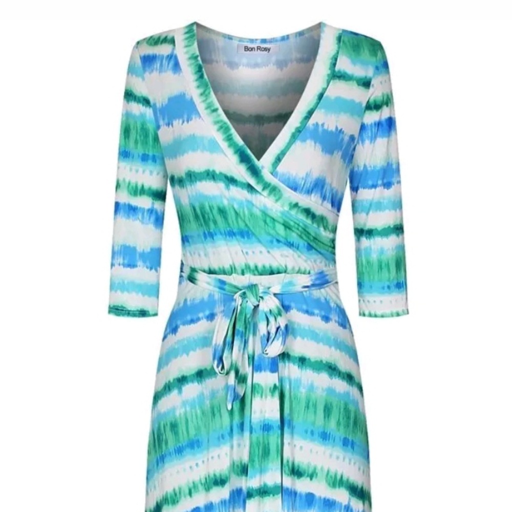 Women's 3/4 Sleeve V-Neck Printed Maxi Wrap Dress